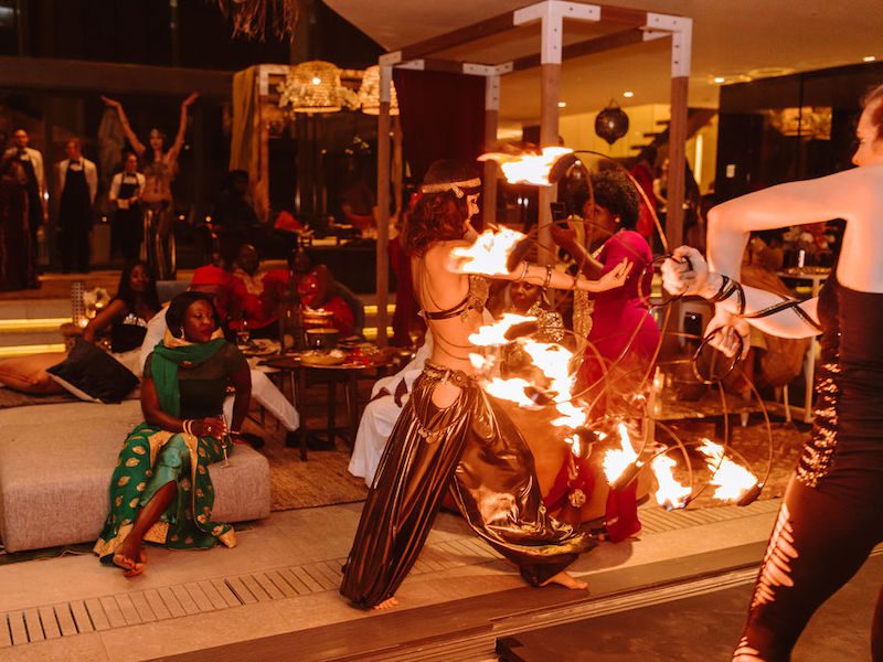 Fire dancer at Moroccan themed wedding anniversary party