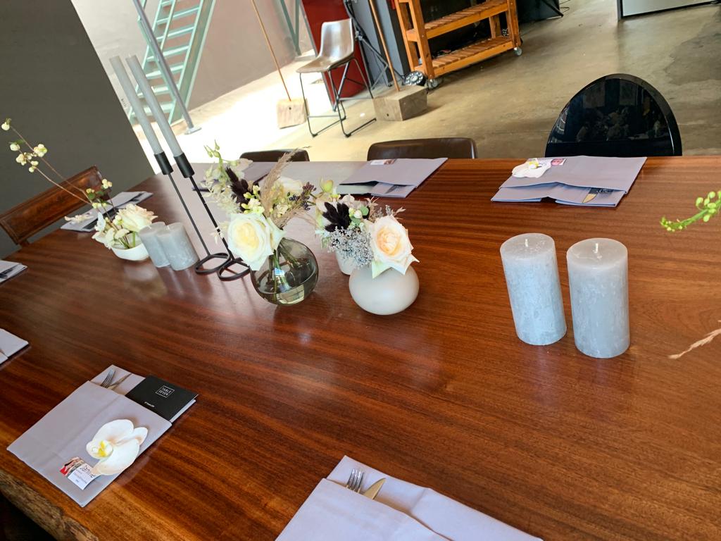 Dinner table with napkins and fun name place cards